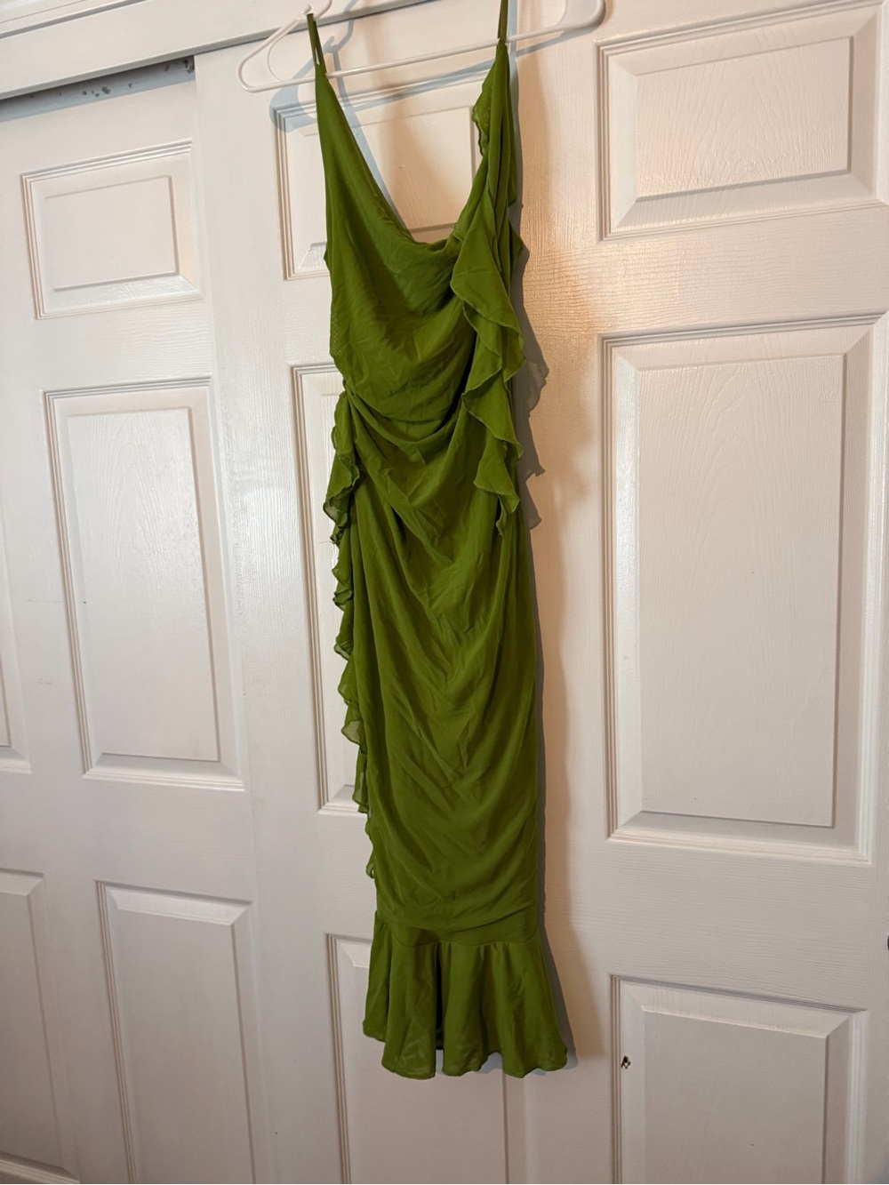 Hello Molly Olive Green Ruffled Midi Slip Dress